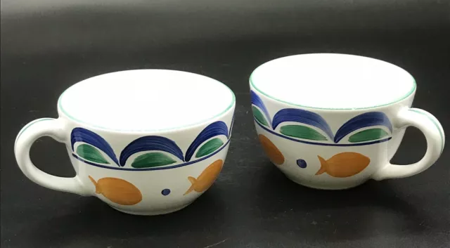 2 Vtg Herend Village Hand Painted Pottery Gold Fish Cups Mugs White Multi 8oz