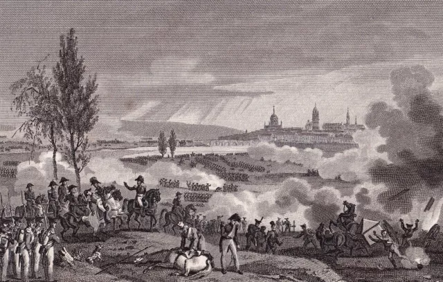 Gravure XIXe Bataille de Dresde Schlacht um Dresden Napoléon Bonaparte 1837