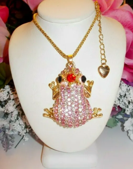 Betsey Johnson Sparkling Pink Crystal & Rhinestone Striped Frog Pendant Necklace