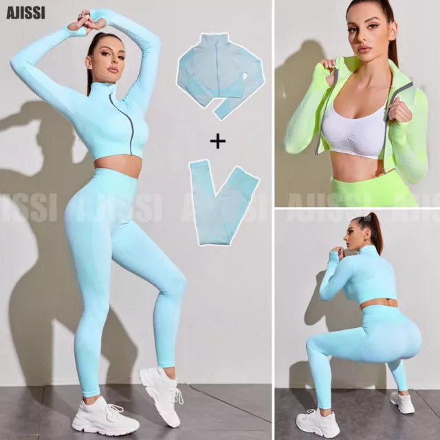 Women Long Sleeve Yoga Set Zipper Top Sport Suit Bra Workout Clothes Gym  Fitness