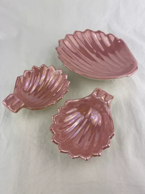 Vintage Sea Shell Shaped Iridescent Pink Pearl Ceramic Ashtray Trinket Dish Set