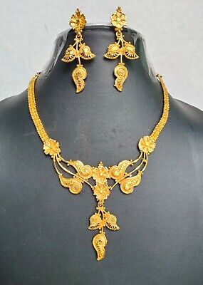 Gold Plated Indian Heavy 8'' Long Necklace Earrings Wedding Set Jaj12