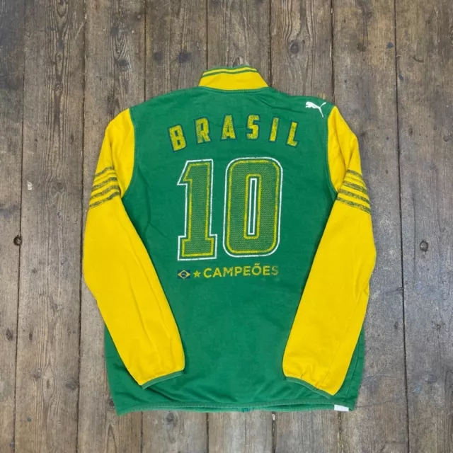 Puma Sweatshirt Full Zip Brazil Football Y2K Sports Jumper, Green, Mens Small