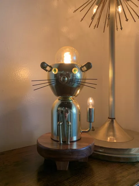 Vintage Cat Kitty Light Lamp Mid Century Modern Brass Wood Metal Deco Torino MCM