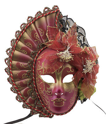 Mask from Venice Volto Face Woman Fan Red Golden - 2063