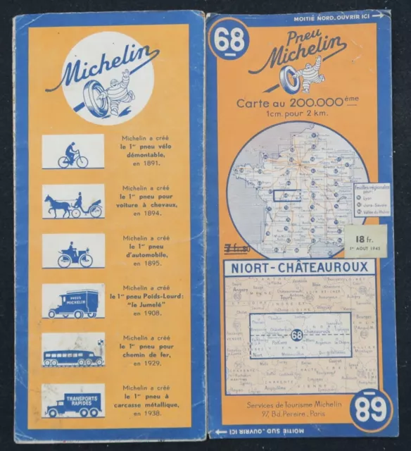 Carte MICHELIN 68 NIORT CHATEAUROUX 1945Guide Bibendum pneu tyre map