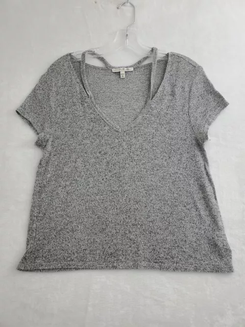 Express One Eleven Shirt Womens Small Heather Gray Short Sleeve Crocheted Knit