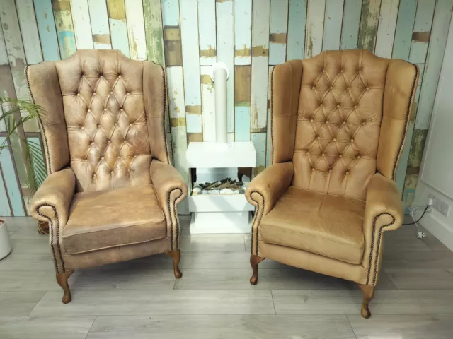 Pair Tall Wing Back Chairs Chesterfield Queen Anne Leather Tan + Brown - EX8