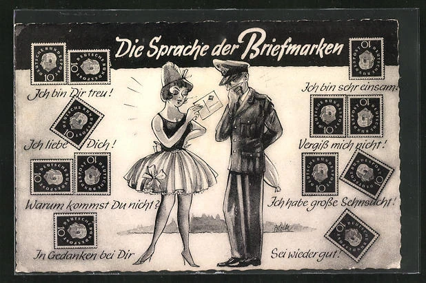 AK Briefmarkensprache, Schöne Frau vor nachdenklichem Postboten