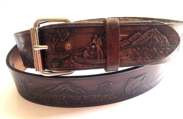 Genuine Leather Hand Tooled Belt Fishing Mountains Made In USA Waist 49”-54”