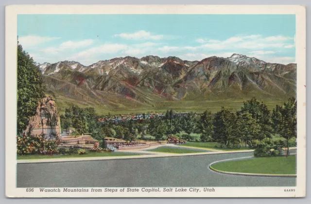 State View~Salt Lake City Utah~Wasatch Mountains @ Capitol~Linen Postcard