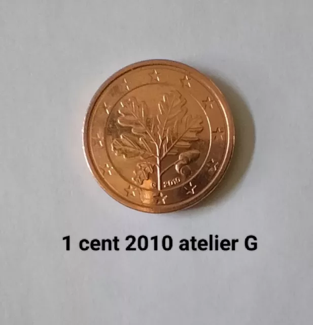 Pièce Euro Allemagne 1 Cent 2010   atelier G / RARE  Monnaie Annuelle.