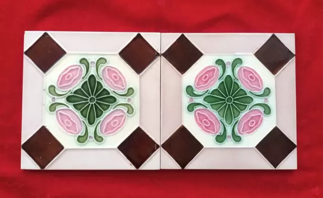 2 Piece Art Deco Floral Design Embossed Majolica Used Ceramic Tiles Japan 0350