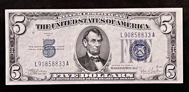 1934-C $5.00 Us Silver Certificate, Blue Seal, Crisp-Uncirculated-L90858833A