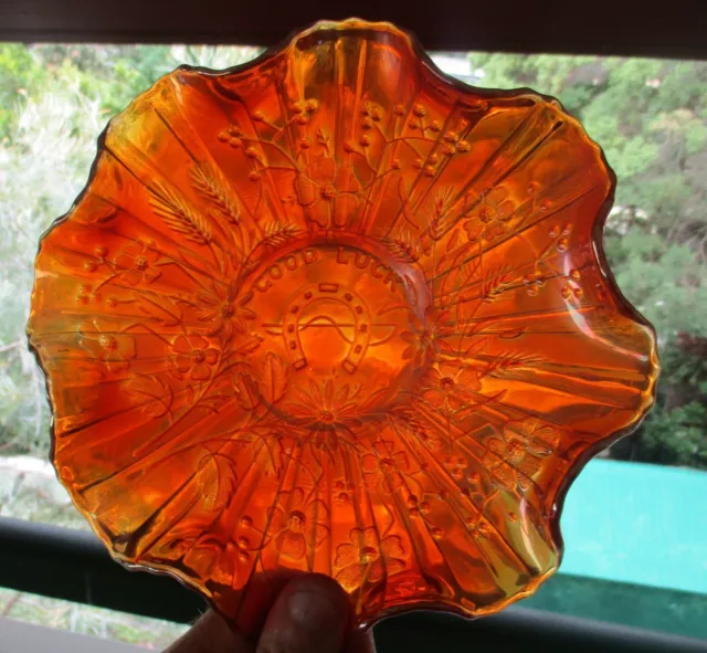 Northwood Marigold Carnival Glass Ruffled Bowl - Good Luck - 22cm Diameter