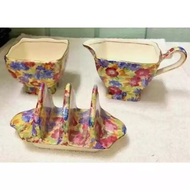 Royal Winton Grimwades "Royalty" CREAM, SUGAR, Toast Rack Floral Chintz