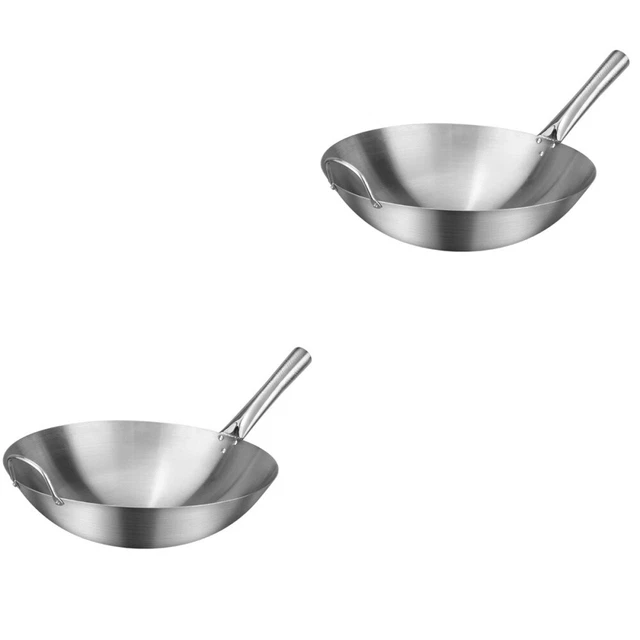 2x Cuisine Wok Pan Poêle Chinois Wok Acier inoxydable Poêle Acier inoxydable Wok