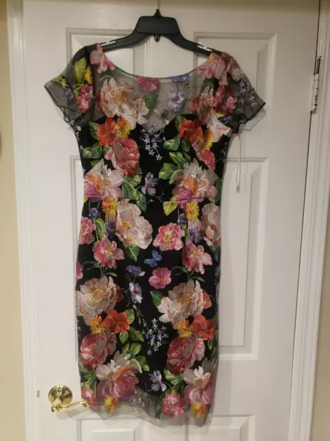 NWT MARCHESA NOTTE Floral Embroidered Short-Sleeve Pencil Dress Sz 6