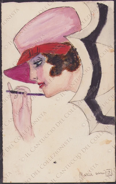 Disegno di donnina con cappello e cappello Cartolina colorata a mano