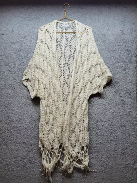 American Eagle Open Front Crochet Boho Cardigan Sweater Fringe Hem Beige Size M