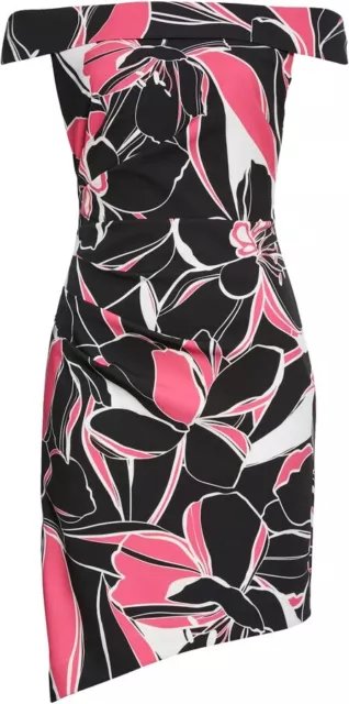 MILLY Black Pink Floral Ally Off the Shoulder Asymmetrical Hem Sheath Dress 0 XS 3