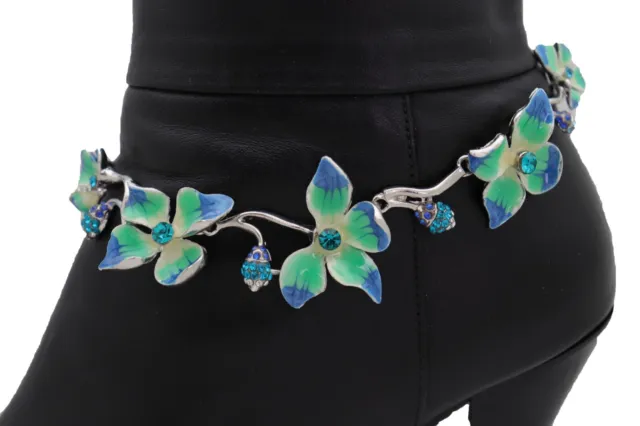 New Women Silver Metal Chain Western Boot Bracelet Shoe Anklet Blue Flower Charm