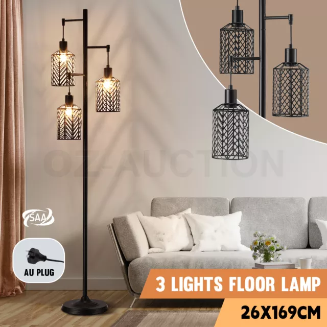 Modern Industrial Floor Lamp 3 Light Metal Cage Shades Standing Reading Light