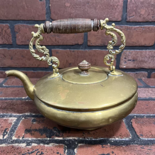 Vintage Heavy Brass Teapot Kettle With Ornate Handle