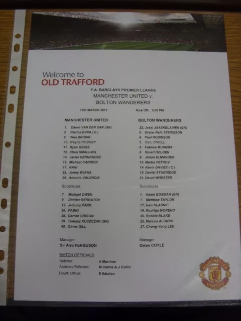 19/03/2011 Colour Teamsheet: Manchester United v Bolton Wanderers  (folded).  Fo