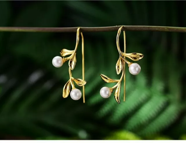 Freshwater Pearl Waterdrops Leaves 18K Gold Earrings 925 Silver Women Jewelry