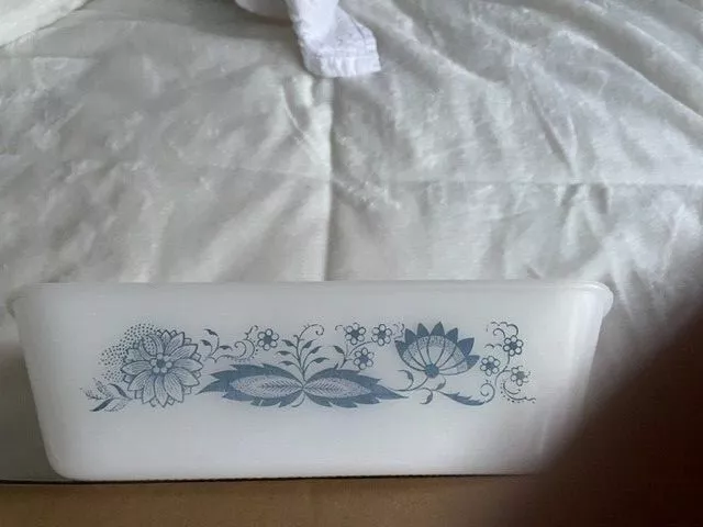 Glasbake Currier and Ives Loaf Pan Jeannette Blue Pattern on White Milk Glass 