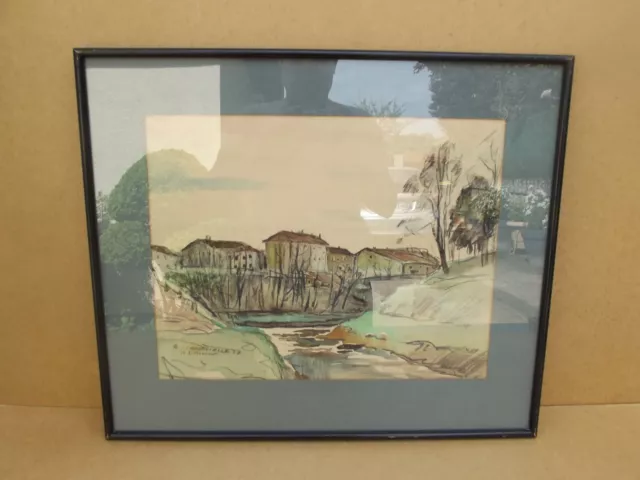 ancienne grande aquarelle signé L . CAPDEVIELLE 1937 paysage de Mont de marsan