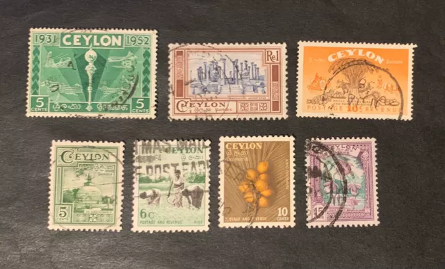 British Ceylon (Sri Lanka) 1950-1955 - 7 used stamps with Michel No. 277, 264