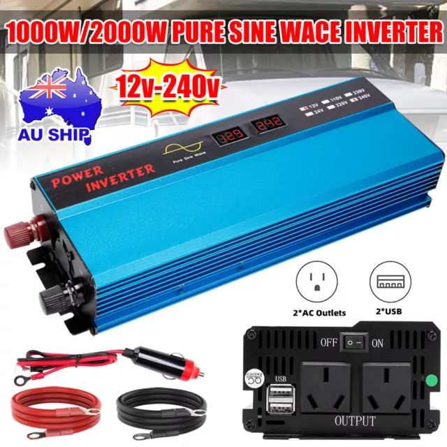 1000W 2000W Pure Sine Wave Power Inverter DC 12V to AC 240V Car Camper Converter