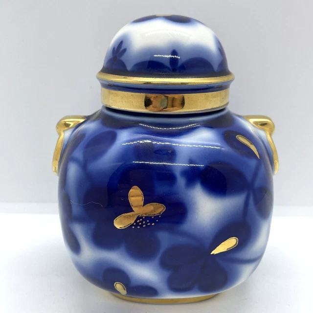 Lomonossow Blaugold Blumenmuster Porzellan Tee Caddy Ingwer Glas Urnenornament 3