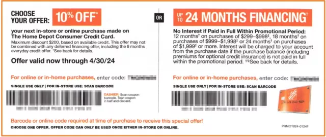 HOME DEPOT Coupon 10% Off Online / In Store OR 24 Months Financing, Exp 04/30/24