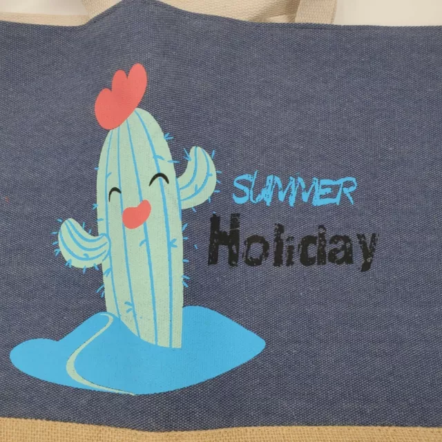 Cactus Tote Bag Summer Holiday Lined Double Handle Snap Button Blue Fun