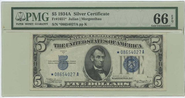 1934A $5 Silver Certificate FR#1651* PMG 66 Gem UNC EPQ