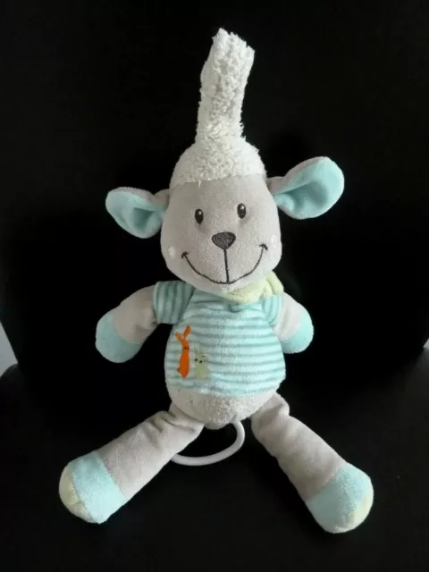 K. DOUDOU PELUCHE MUSICAL NICOTOY MOUTON GRIS bleu rayé foulard vert lapin TBE