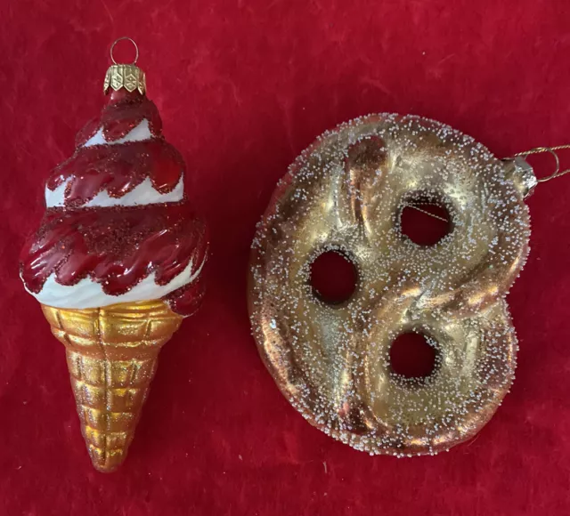 Vintage Large Poland Ice cream Cone & Petzel Glass Christmas Ornament