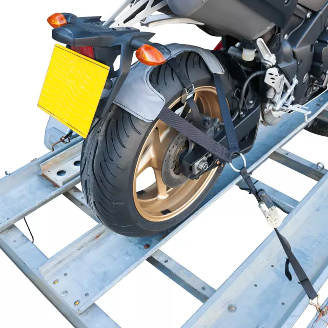 Motorcycle Rear Wheel Ratchet Tie Down Straps Brace Chock Trailer Van Tyre