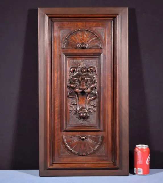 *Antique French Panel in Solid Walnut Wood with Lion Face Highly Carved 1