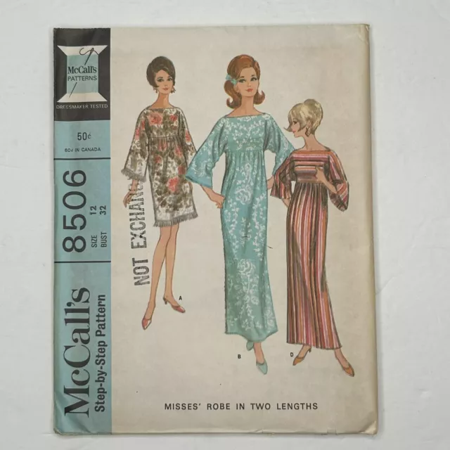 1960s McCalls UNCUT Sewing Pattern 8506 Misses Robe in Two Lengths Size 12