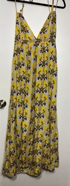 T Bags Los Angeles Floral Yellow Gray V Neck Halter Silk Blend Maxi Dress Large