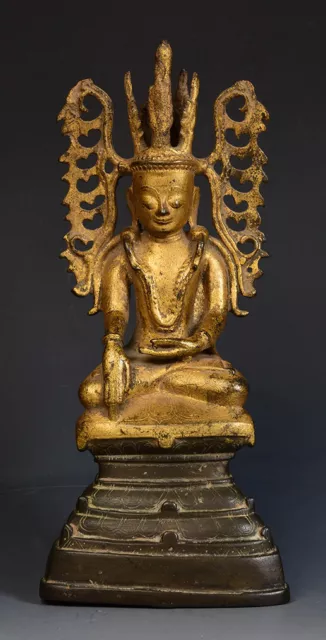 18th Century, Shan, Antique Burmese Bronze Seated Crowned Buddha