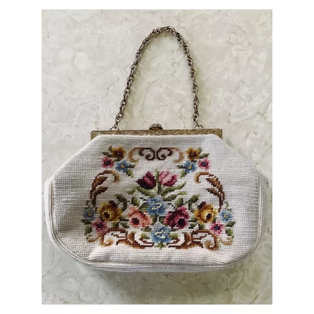 VTG 1950's Needlepoint Embroidered Floral Purse with Chain Strap