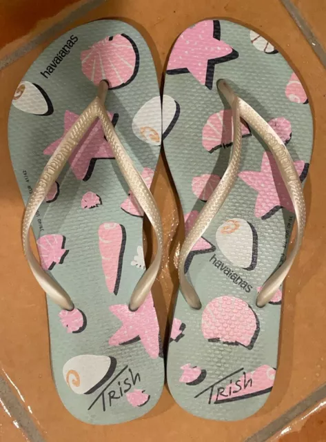 HAVAIANAS Trish McEvoy Flip FLOPS Sandals Thongs 39/40 9/10 Blue Stars Shells