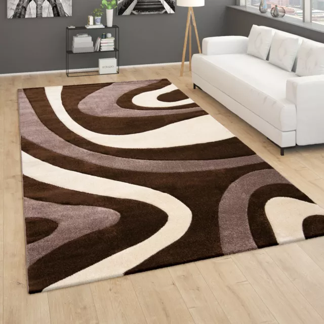 Tappeto Salotto Pelo Corto Moderno Motivo Astratto Onde Effetto 3D Marrone Beige