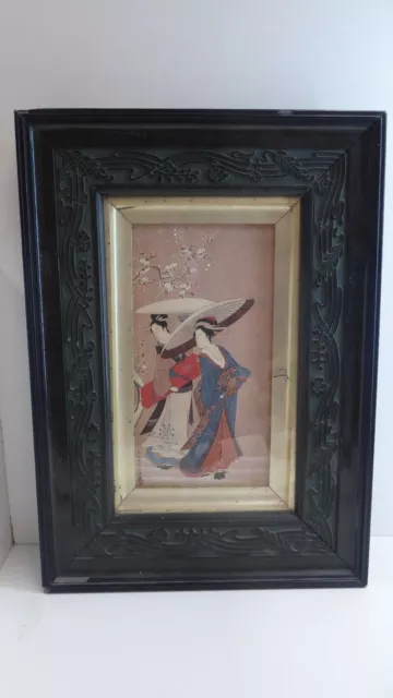 Antique Japanese Framed Watercolour Painting Geishas Cherry Blossom Tree Signed