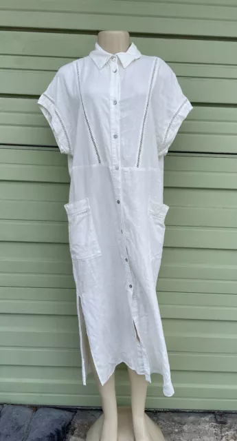 Zara White Shirt Long Midi Oyster Linen Lace Insert Dress Size S *Missing Belt*